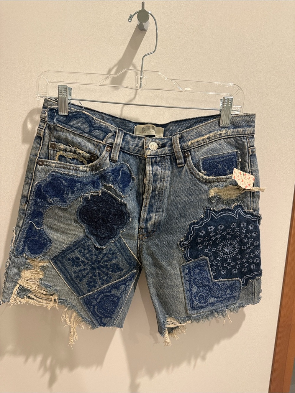 We The Free Distressed Denim Shorts with Blue Bandana Patches